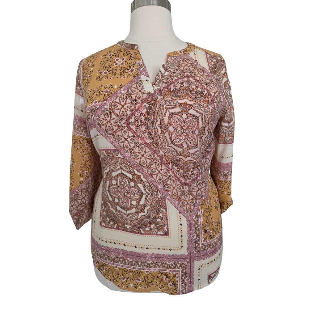 Maurices Womens 2X Paisley Patchwork Split Neck 3/4 Roll Tab Sleeve Blouse Top